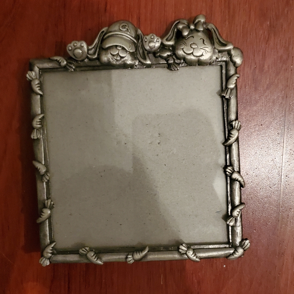 Silver Pewter Picture Frame With Two Bunnies Rabbits On Top Carrots On S…